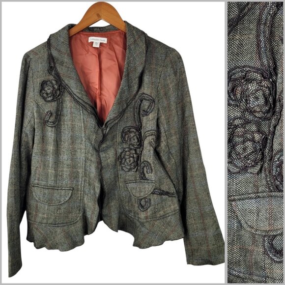 Coldwater Creek Blazer Jacket size 14 Floral Ruffle Tweed Open Front Profession - Picture 1 of 7